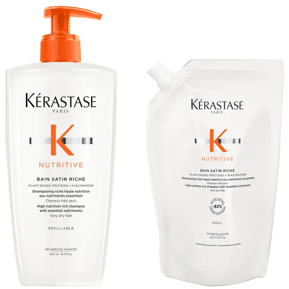 Kérastase Nutritive Bain Satin Riche Refillable Shampoo and Refill Pouch Duo for Fine to Medium Dry Hair with Niacinamide 500ml Imagen 1
