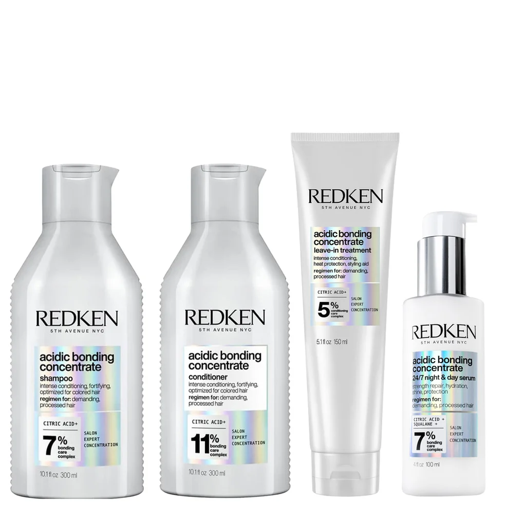 Redken Acidic Bonding Concentrate Shampoo 300ml, Conditioner 300ml, Leave-in Treatment 150ml and 24/7 Night & Day Serum Bundle Imagen 1