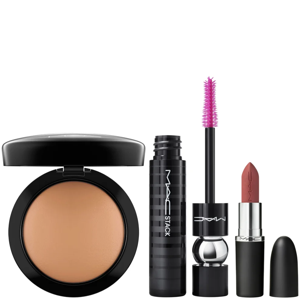 MAC HEROS - MACximal Lipstick Velvet Teddy, Min. Skinfinish Give Me Sun, Fix + Original 100ml and MACStack Black Mascara Bundle Imagen 1