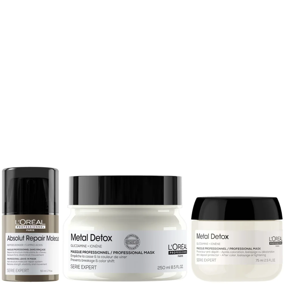 L'Oréal Professionnel Metal Detox Hair Mask & Absolut Repair Molecular Leave-In Cream, repair damage mask set 250ml & 50ml Imagen 1